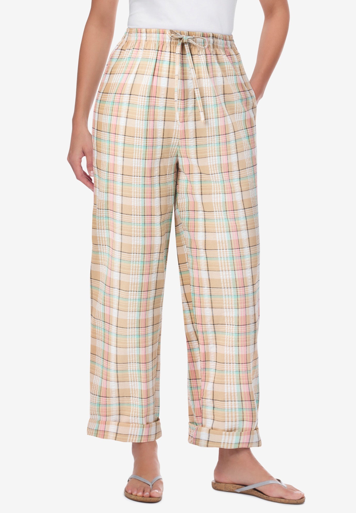 Seersucker Pull-on Elastic-Waist Pants image number 0