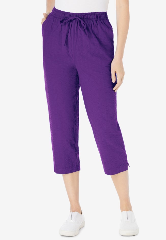 Seersucker Pull-On Elastic-Waist Capri Pants image number 0