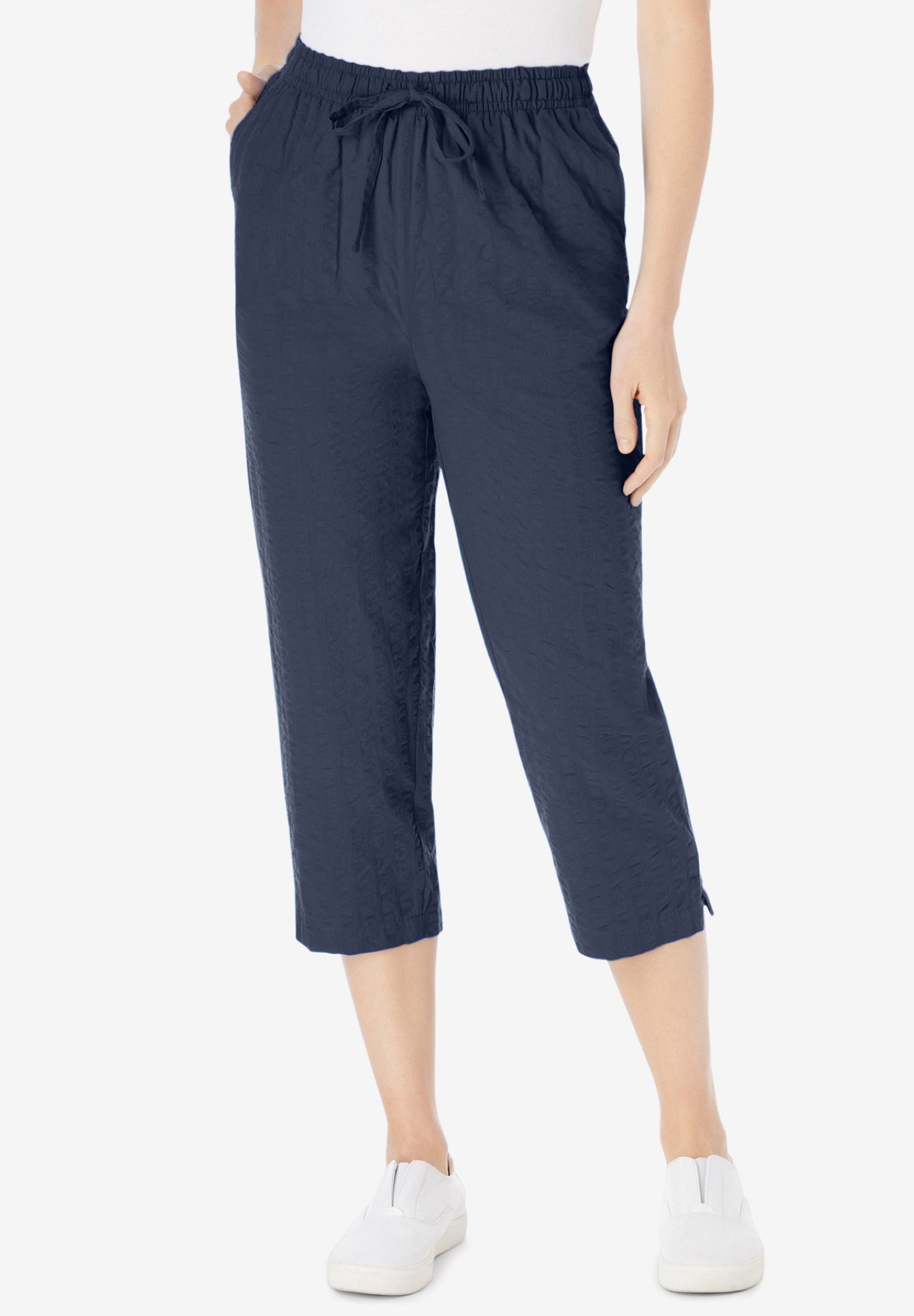 Seersucker Pull-On Elastic-Waist Capri Pants image number 0