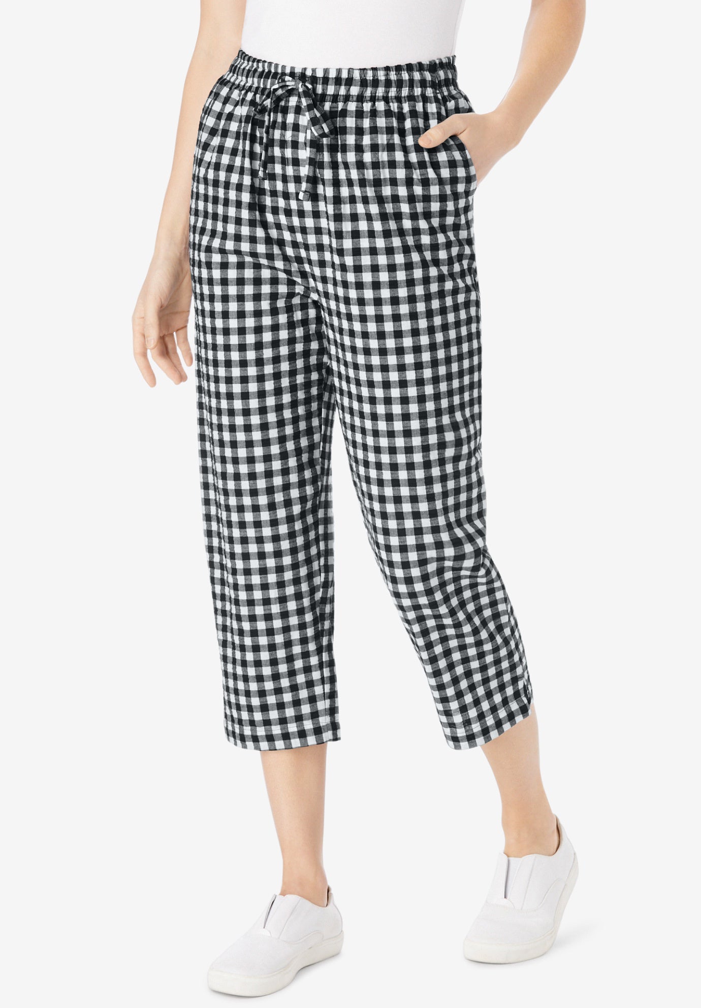 Seersucker Pull-On Elastic-Waist Capri Pants image number 0