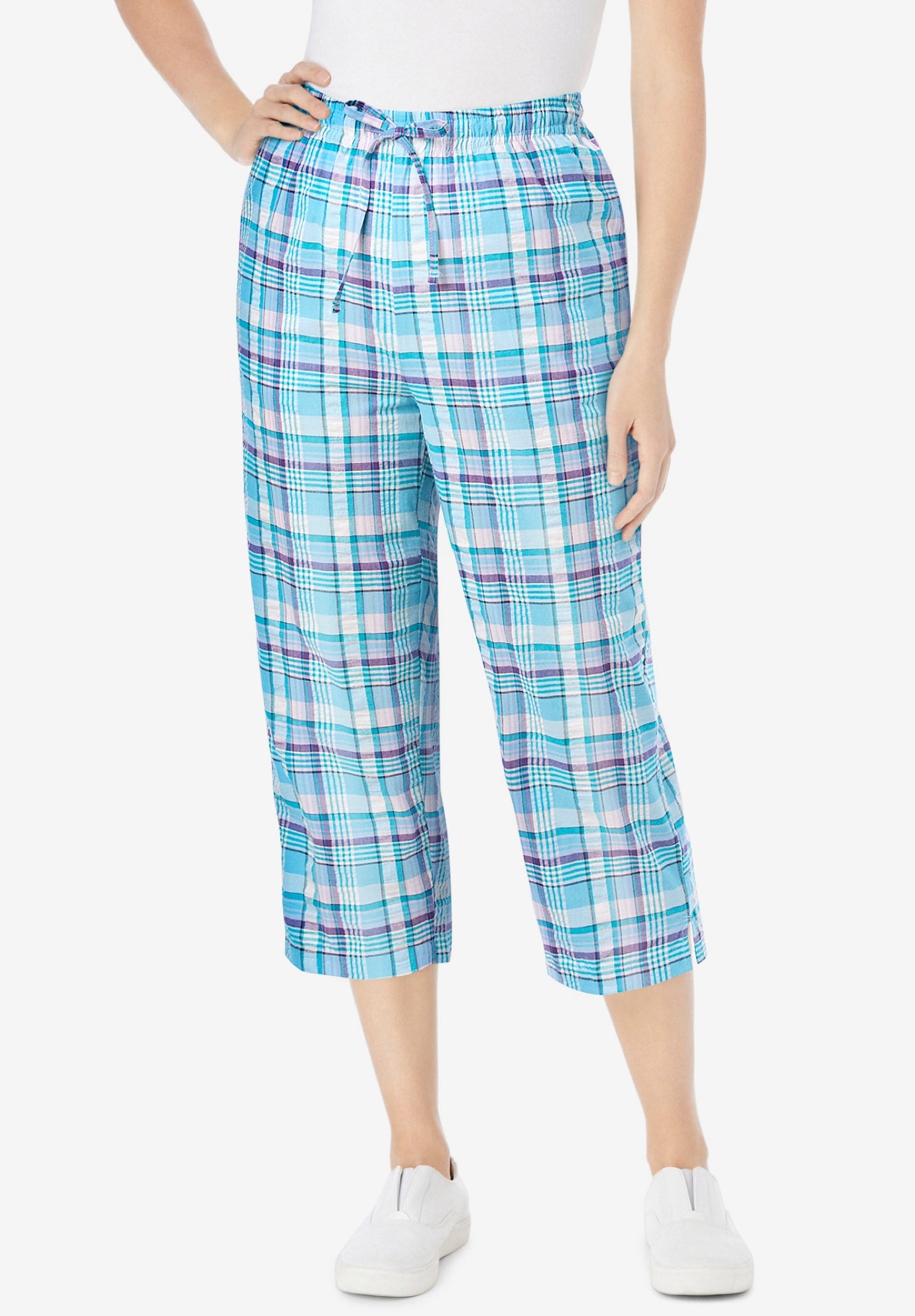 Seersucker Pull-On Elastic-Waist Capri Pants image number 1