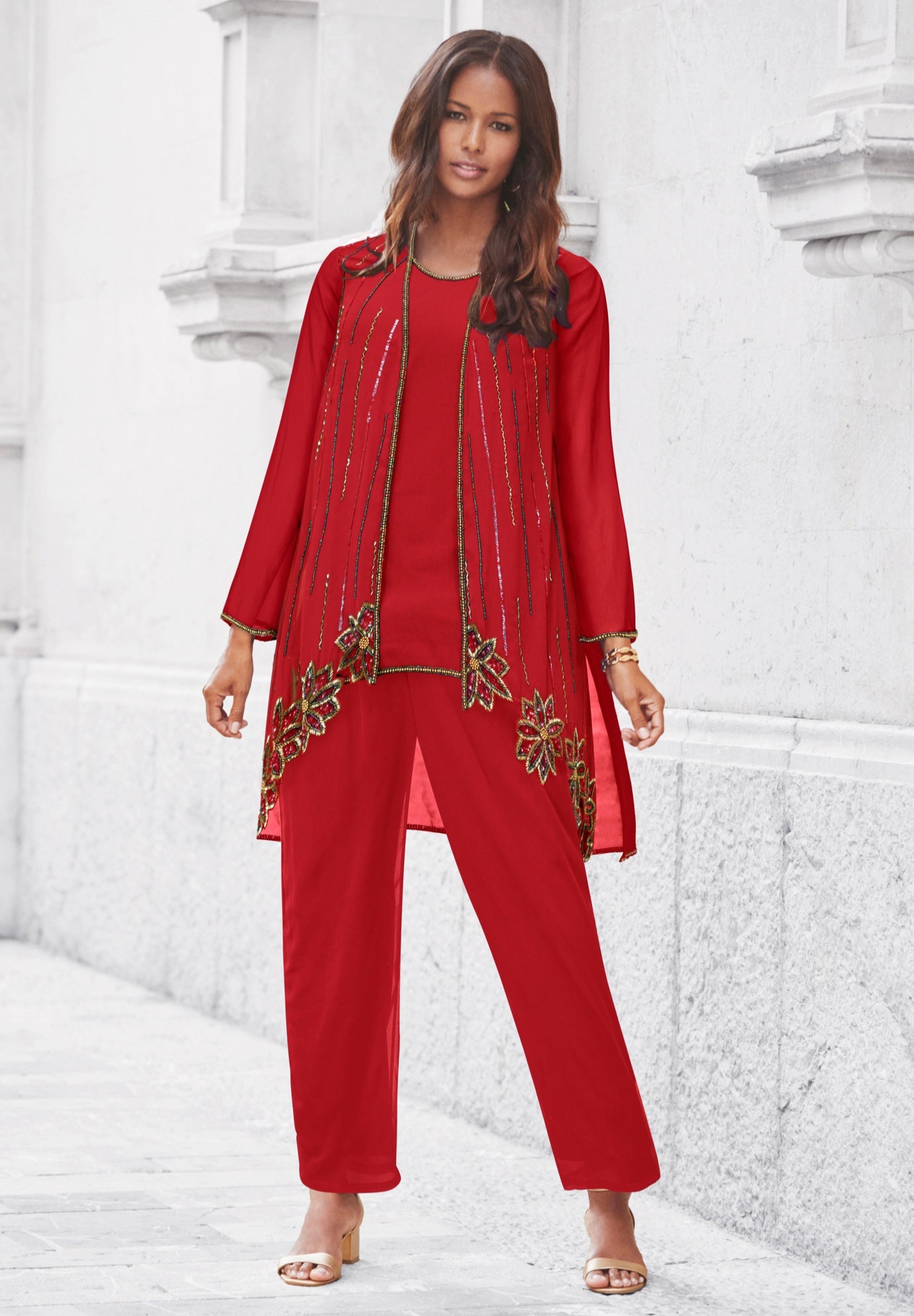 Plus-Size Long Sleeve Floral Beaded Georgette Three-Piece Pant Set image number 0