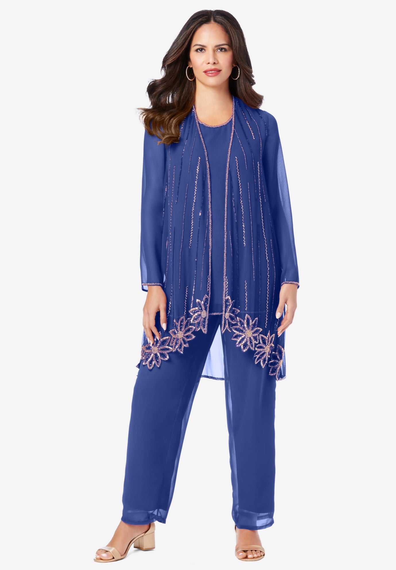 Plus-Size Long Sleeve Floral Beaded Georgette Three-Piece Pant Set image number 0