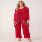 Plus-Size Long Sleeve Floral Beaded Georgette Three-Piece Pant Set image number 0