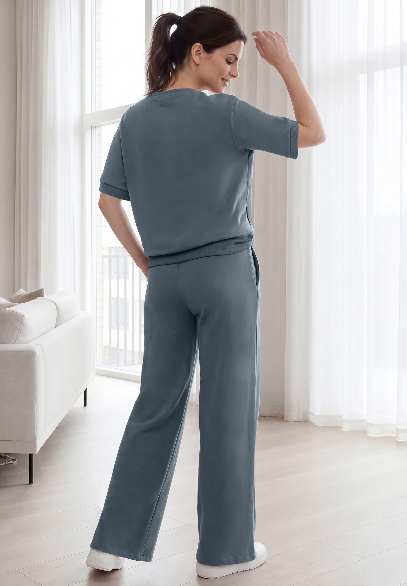 Ellos Studio French Terry Wide Leg Drawstring Elastic Waistband Sweatpants image number 1