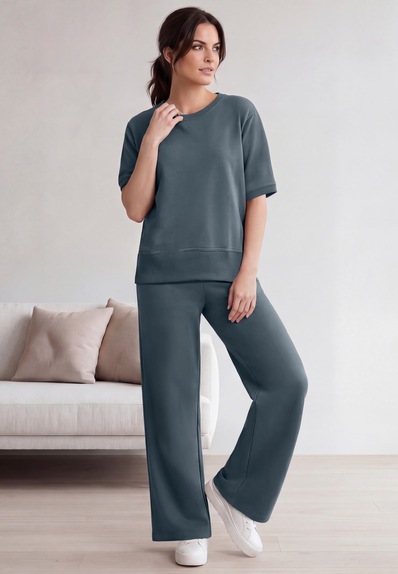 French Terry Wide Leg Sweatpants With Drawstring Elastic Waistband image number 0