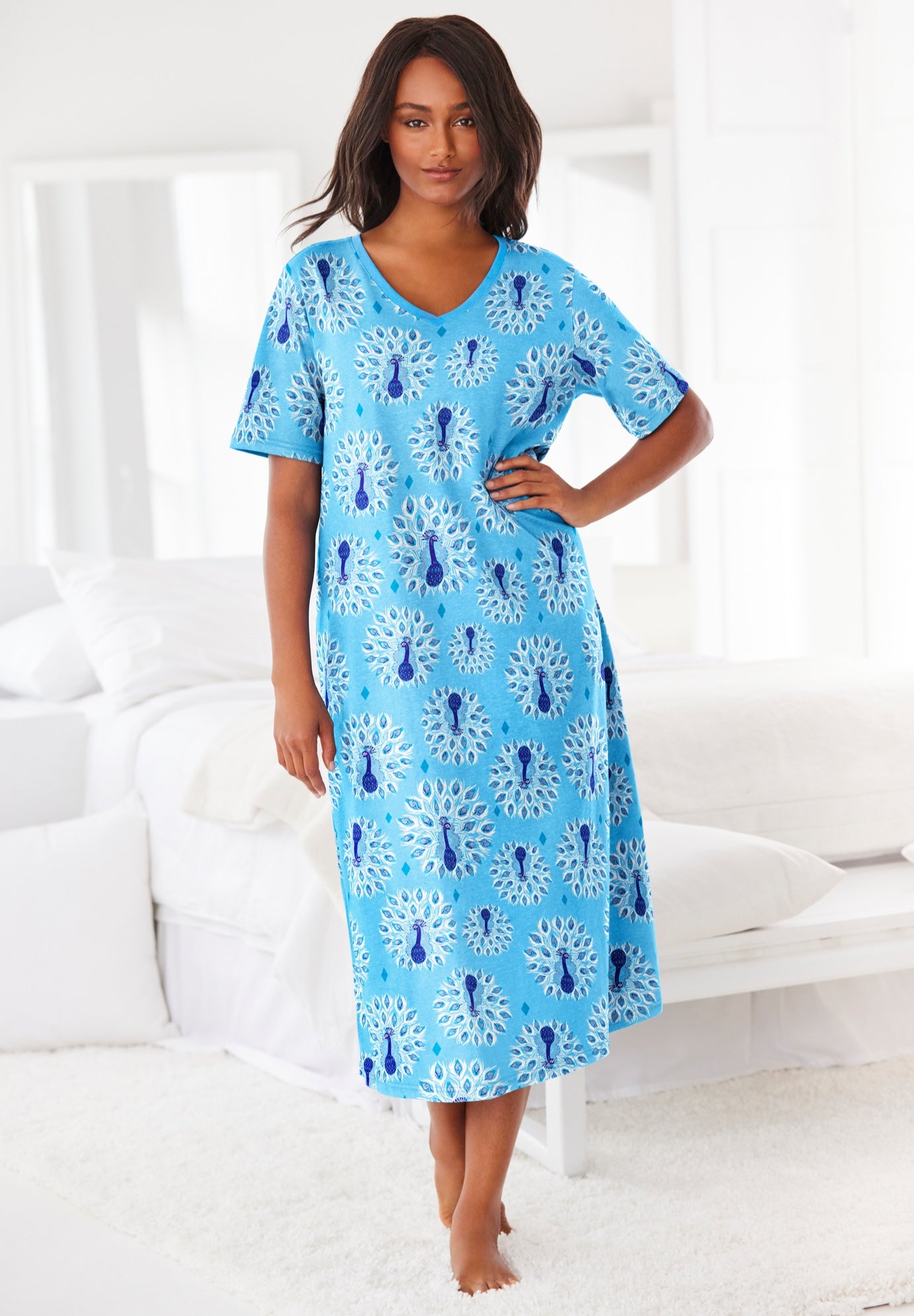 V-Neck Short Sleeve Midi Cotton Sleep Shirt image number 0