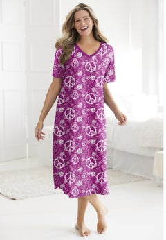 V-Neck Short Sleeve Midi Cotton Sleep Shirt