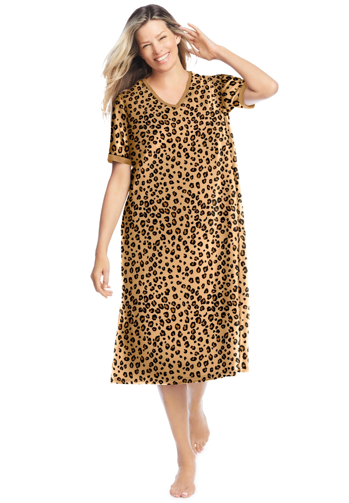 V-Neck Short Sleeve Midi Cotton Sleep Shirt image number 0