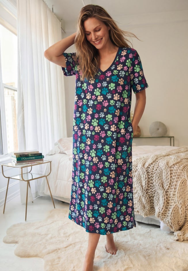 Cotton Long Print Sleepshirt with Side Slits, Pink Hearts | Woman Within Cotton Long Print Sleepshirt with Side Slits, Pink Hearts | Woman Within