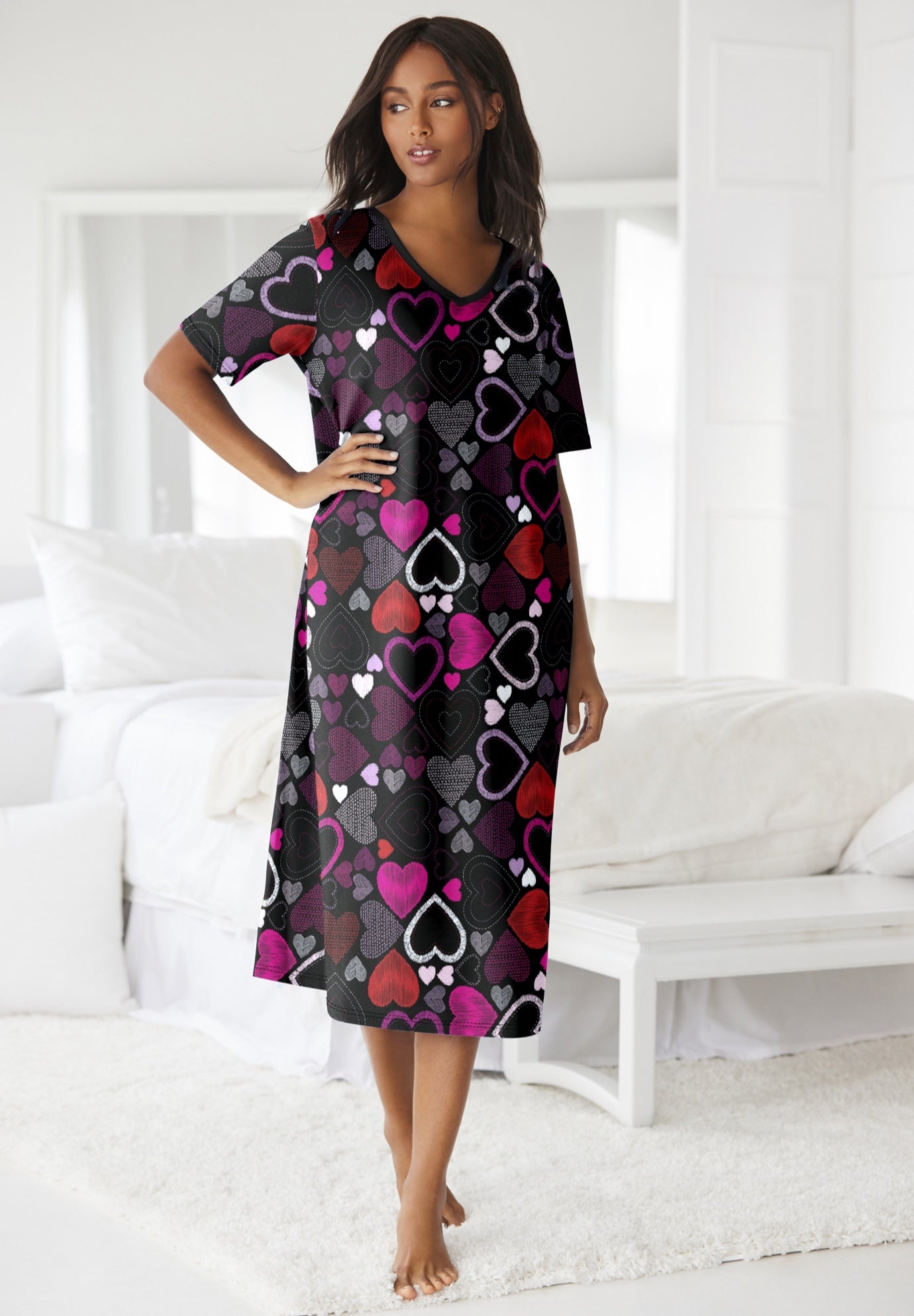 V-Neck Short Sleeve Midi Cotton Sleep Shirt image number 3