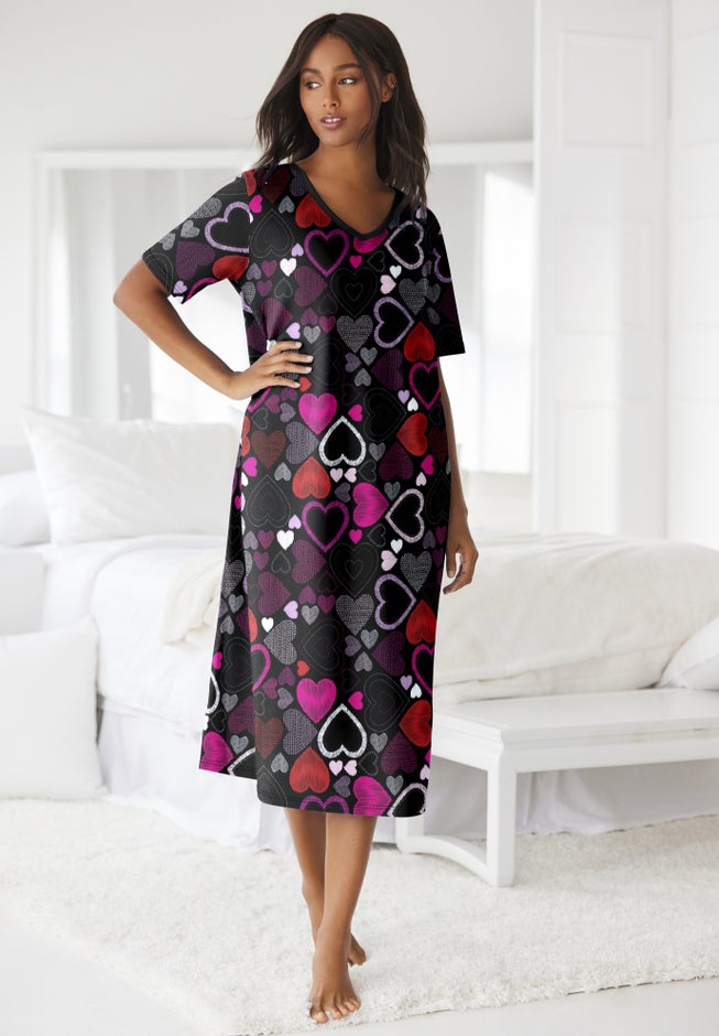 V-Neck Short Sleeve Midi Cotton Sleep Shirt image number 3