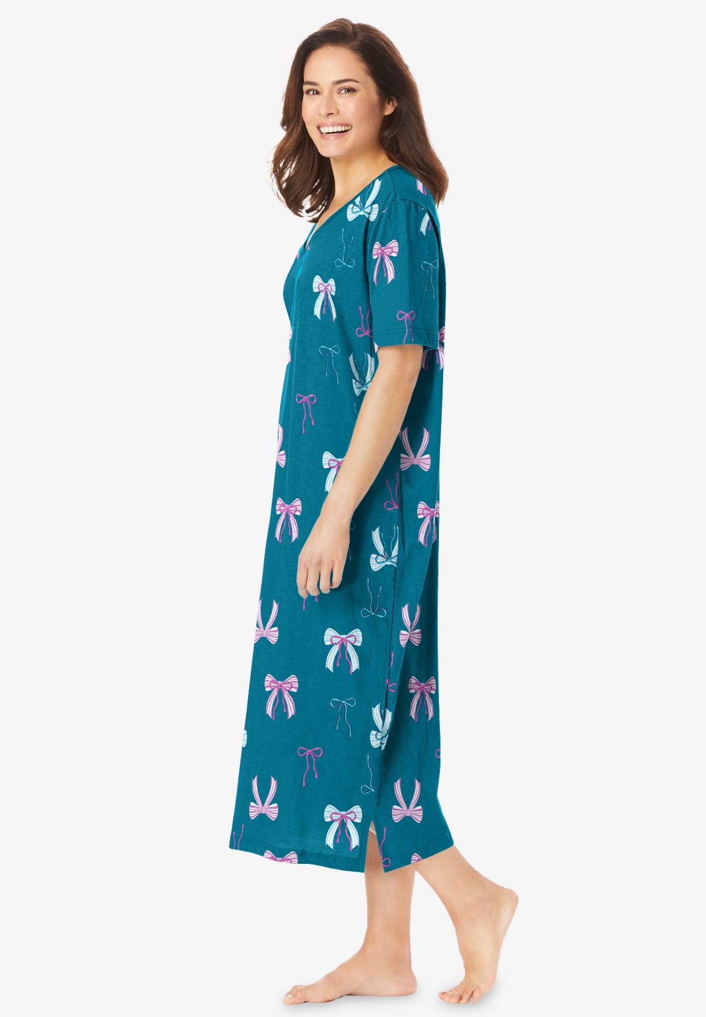 V-Neck Short Sleeve Midi Cotton Sleep Shirt image number 2