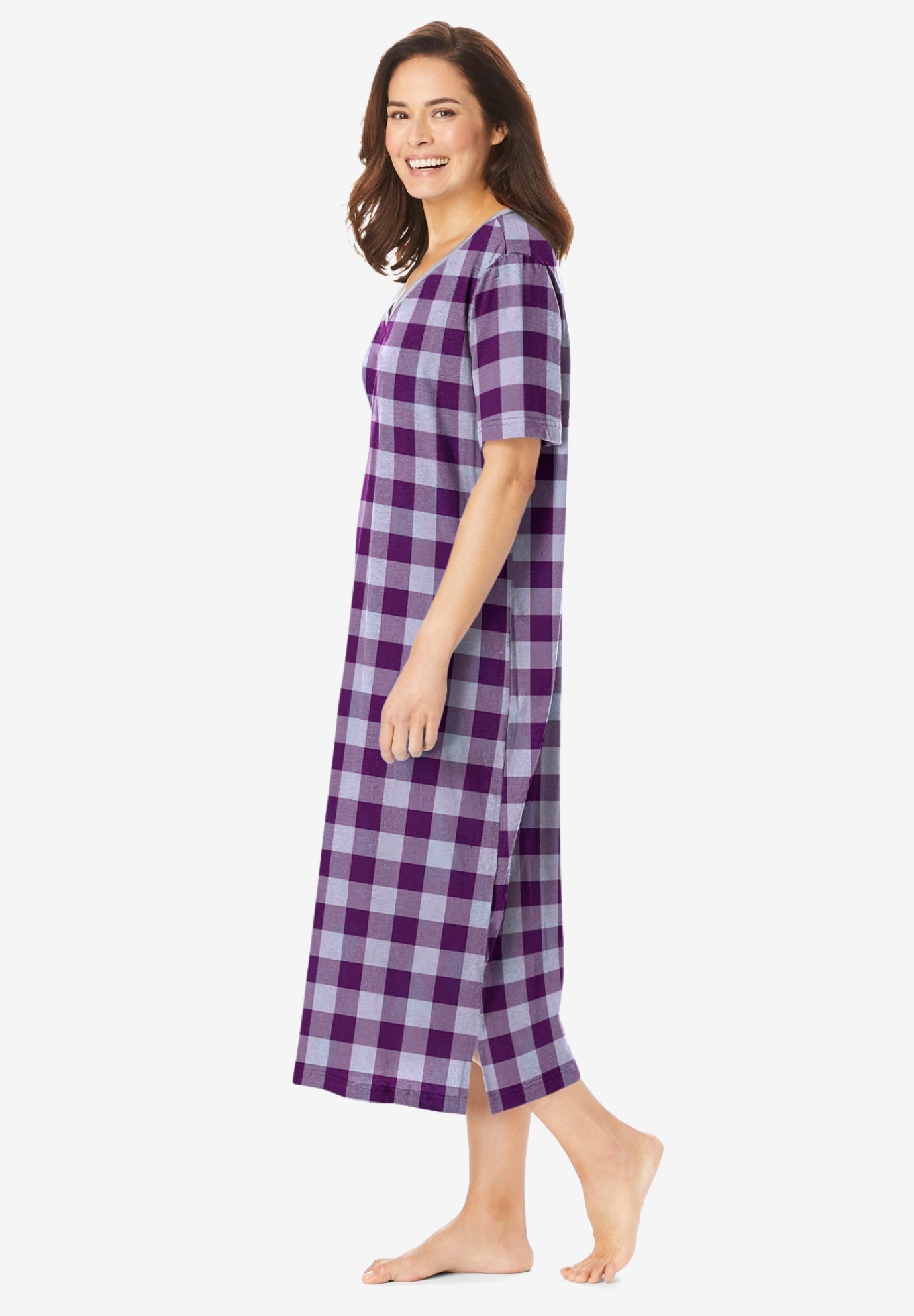 V-Neck Short Sleeve Midi Cotton Sleep Shirt image number 2