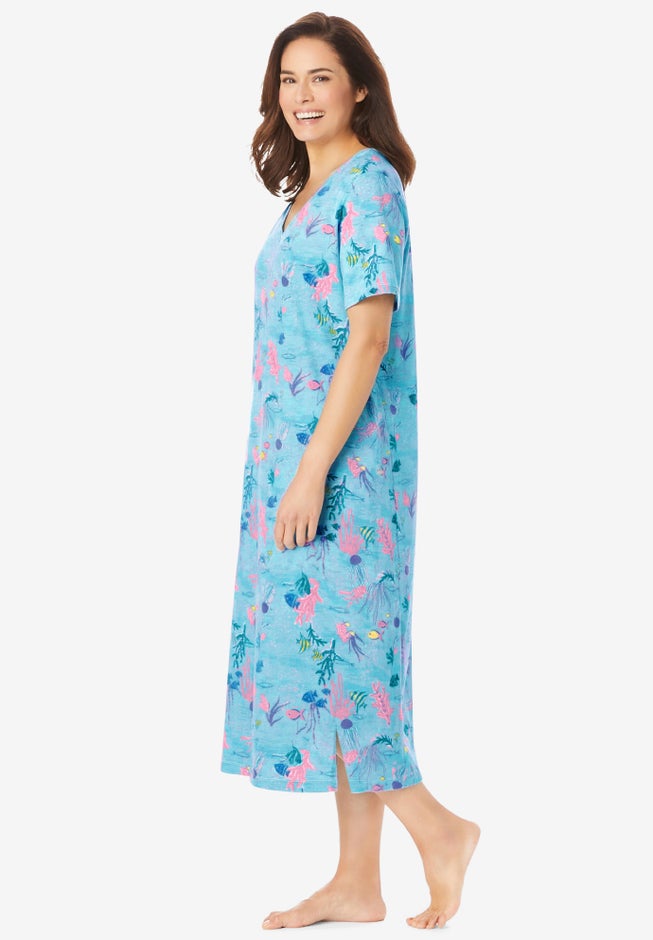 V-Neck Short Sleeve Midi Cotton Sleep Shirt image number 2