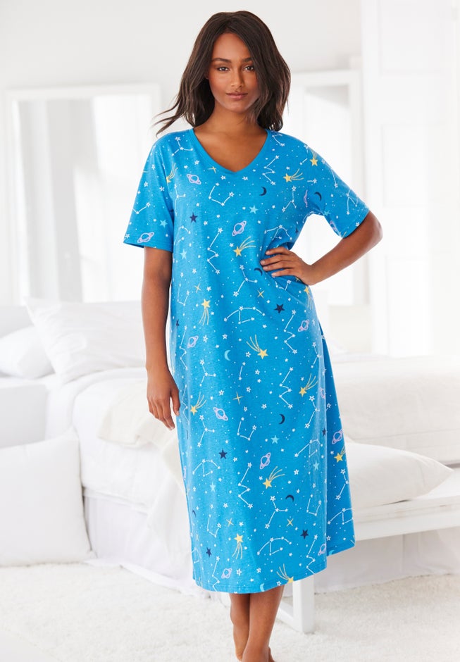 Dreams & Co. Women's Long Print Sleepshirt - Pool Blue Cosmic Dreams - M/L Dreams & Co. Women's Long Print Sleepshirt - Pool Blue Cosmic Dreams - M/L