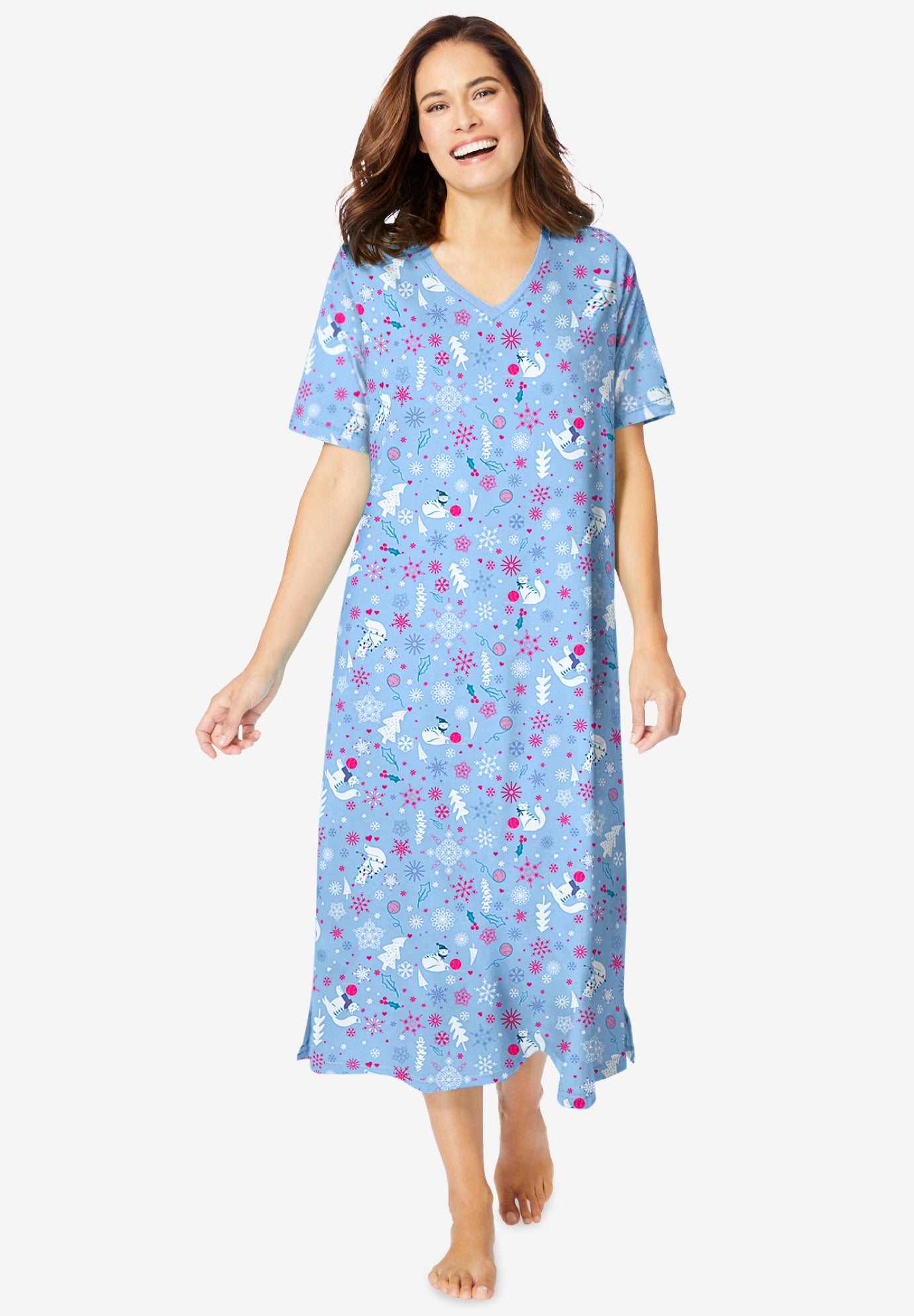 V-Neck Short Sleeve Midi Cotton Sleep Shirt image number 0