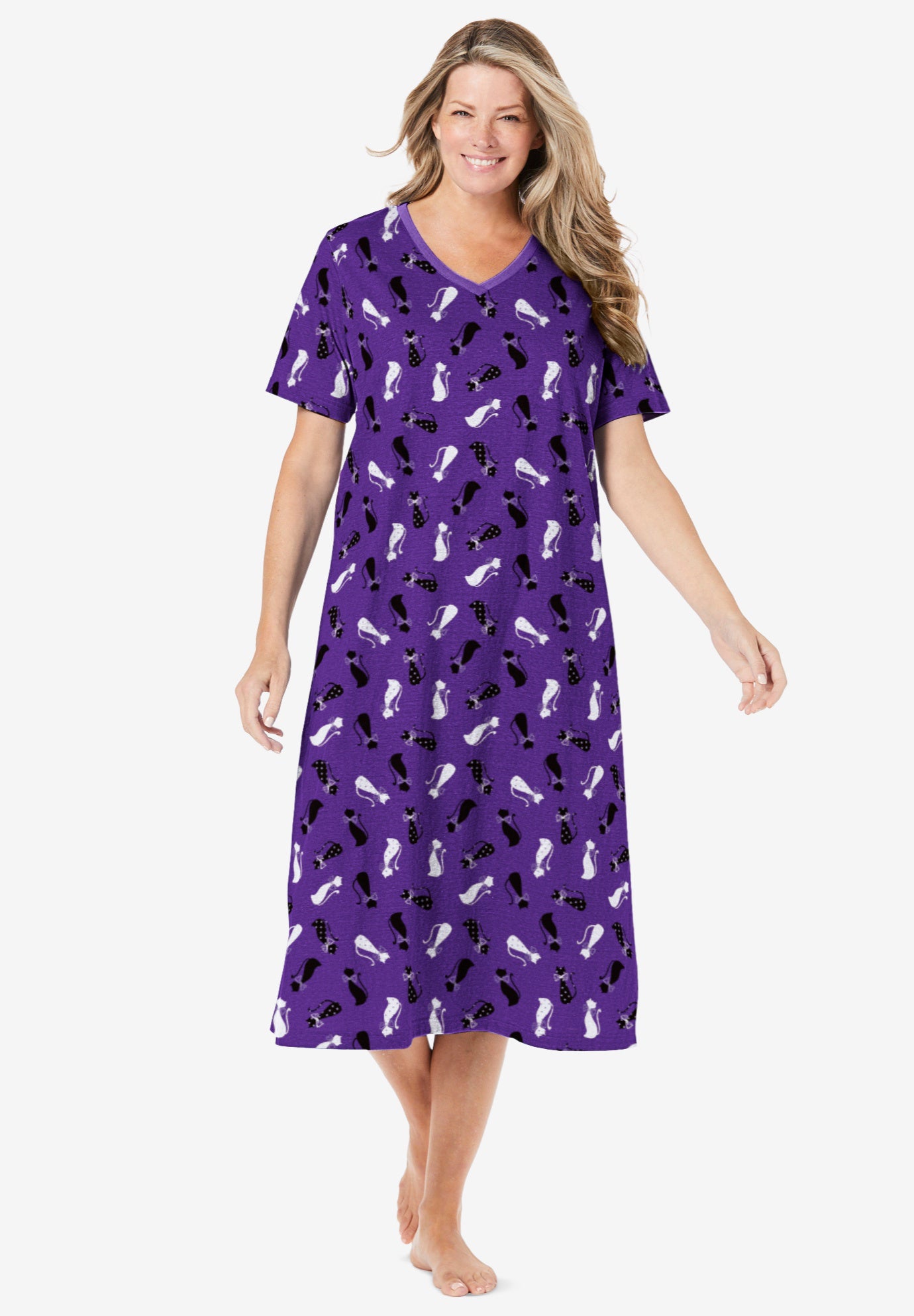 V-Neck Short Sleeve Midi Cotton Sleep Shirt image number 0