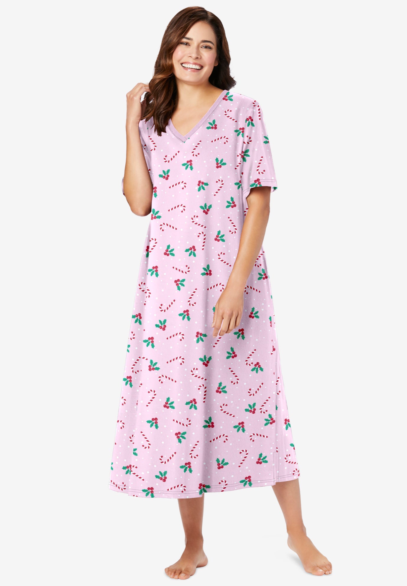 V-Neck Short Sleeve Midi Cotton Sleep Shirt image number 0