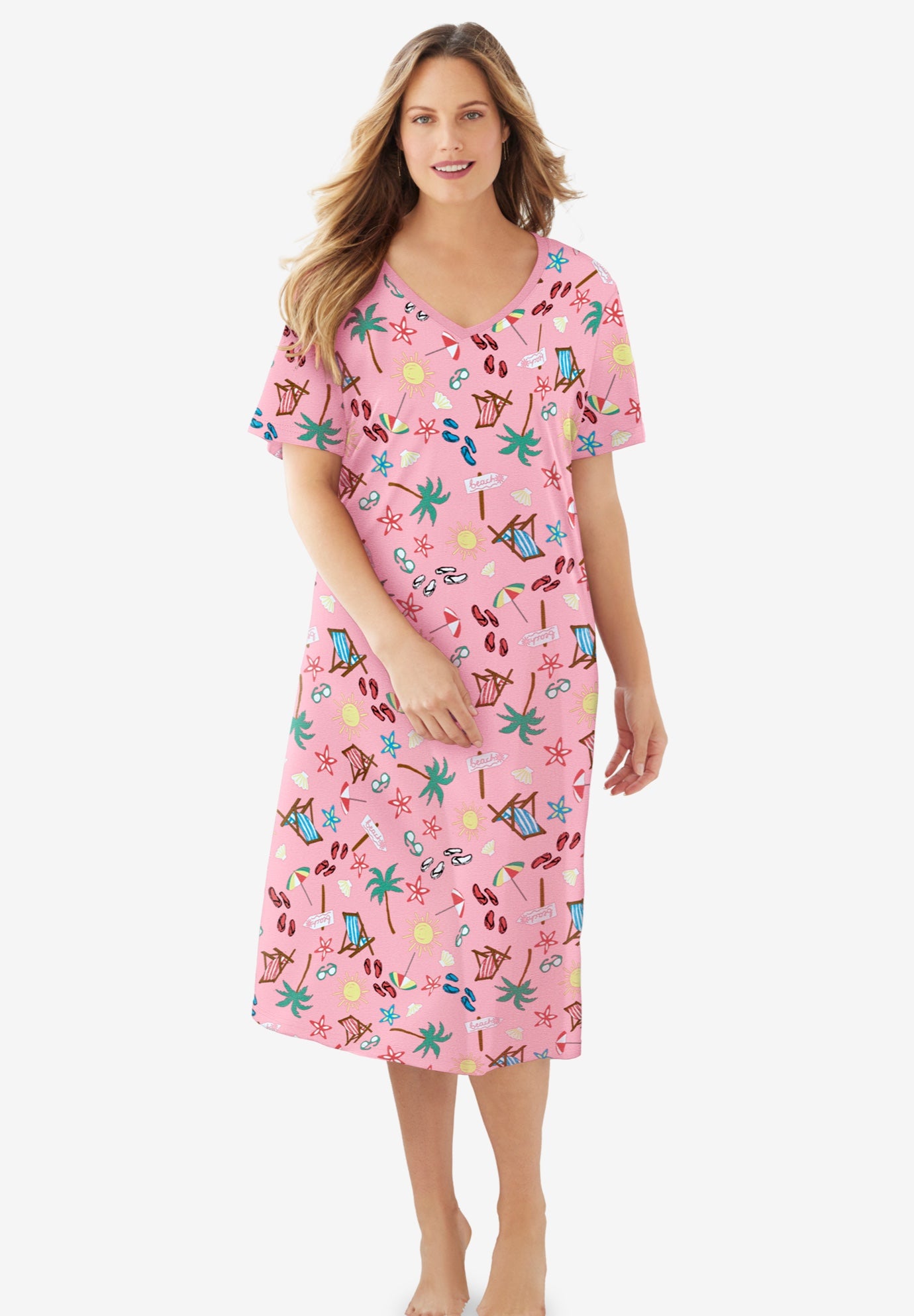 V-Neck Short Sleeve Midi Cotton Sleep Shirt image number 0