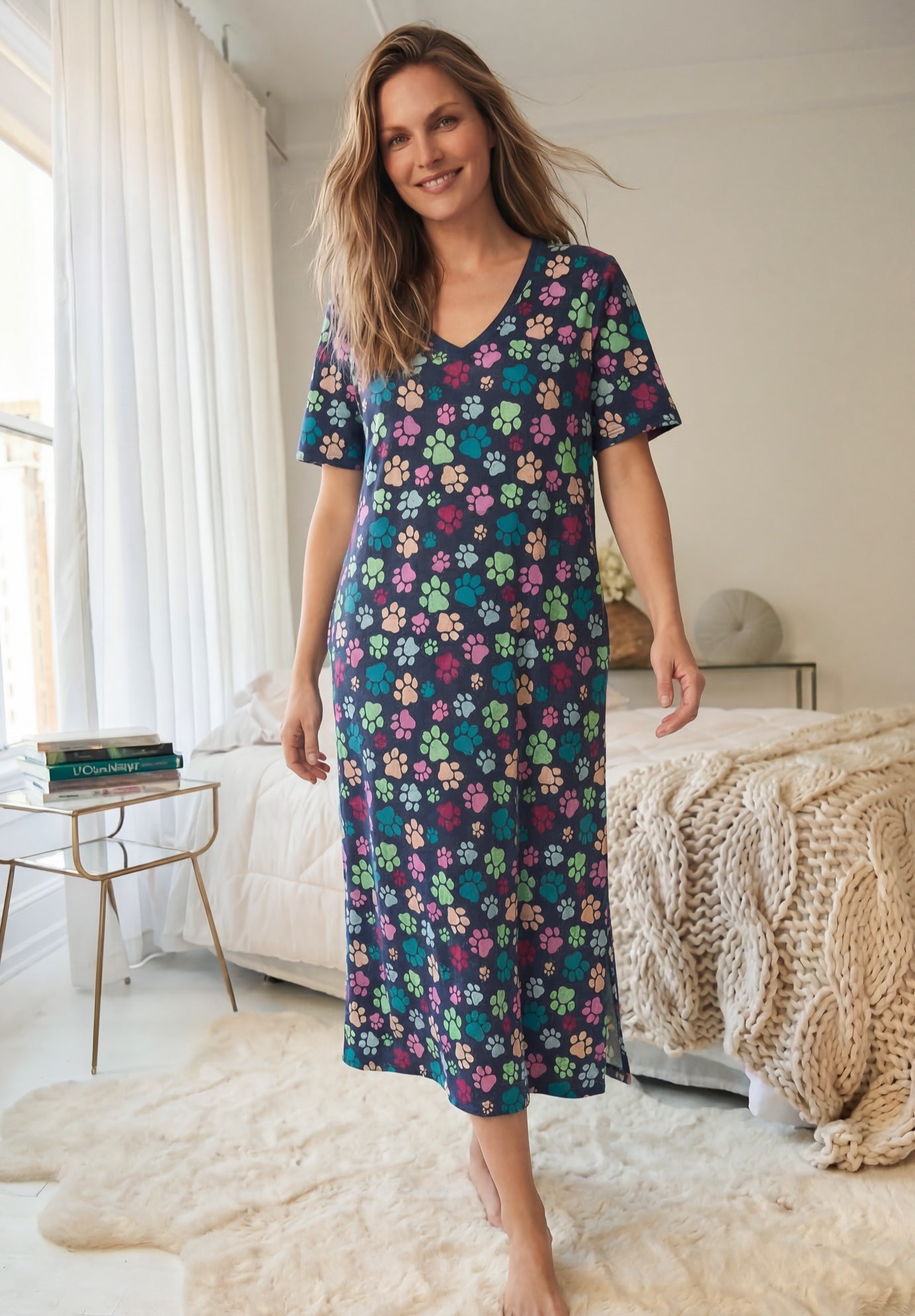 V-Neck Short Sleeve Midi Cotton Sleep Shirt image number 0