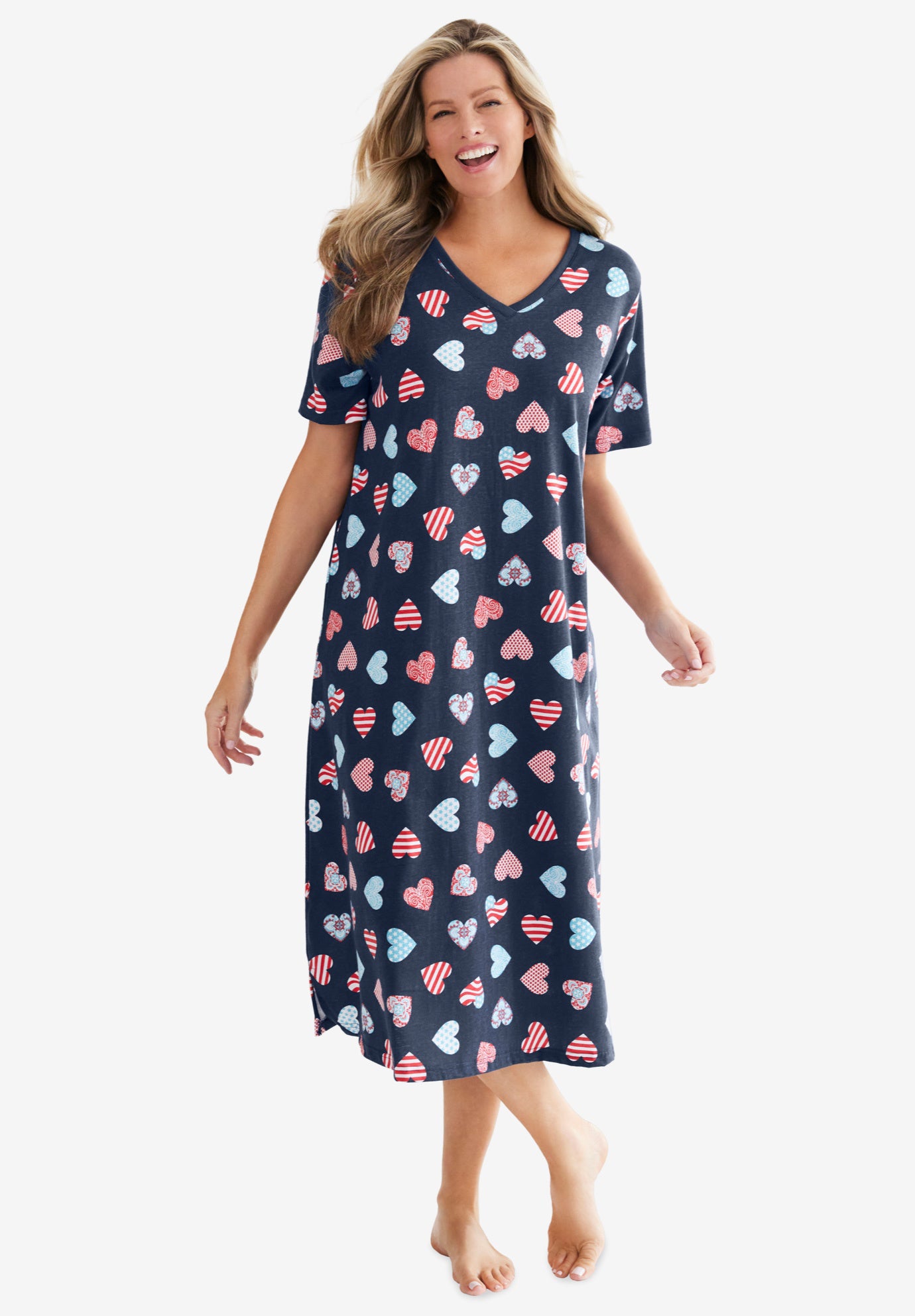 V-Neck Short Sleeve Midi Cotton Sleep Shirt image number 0