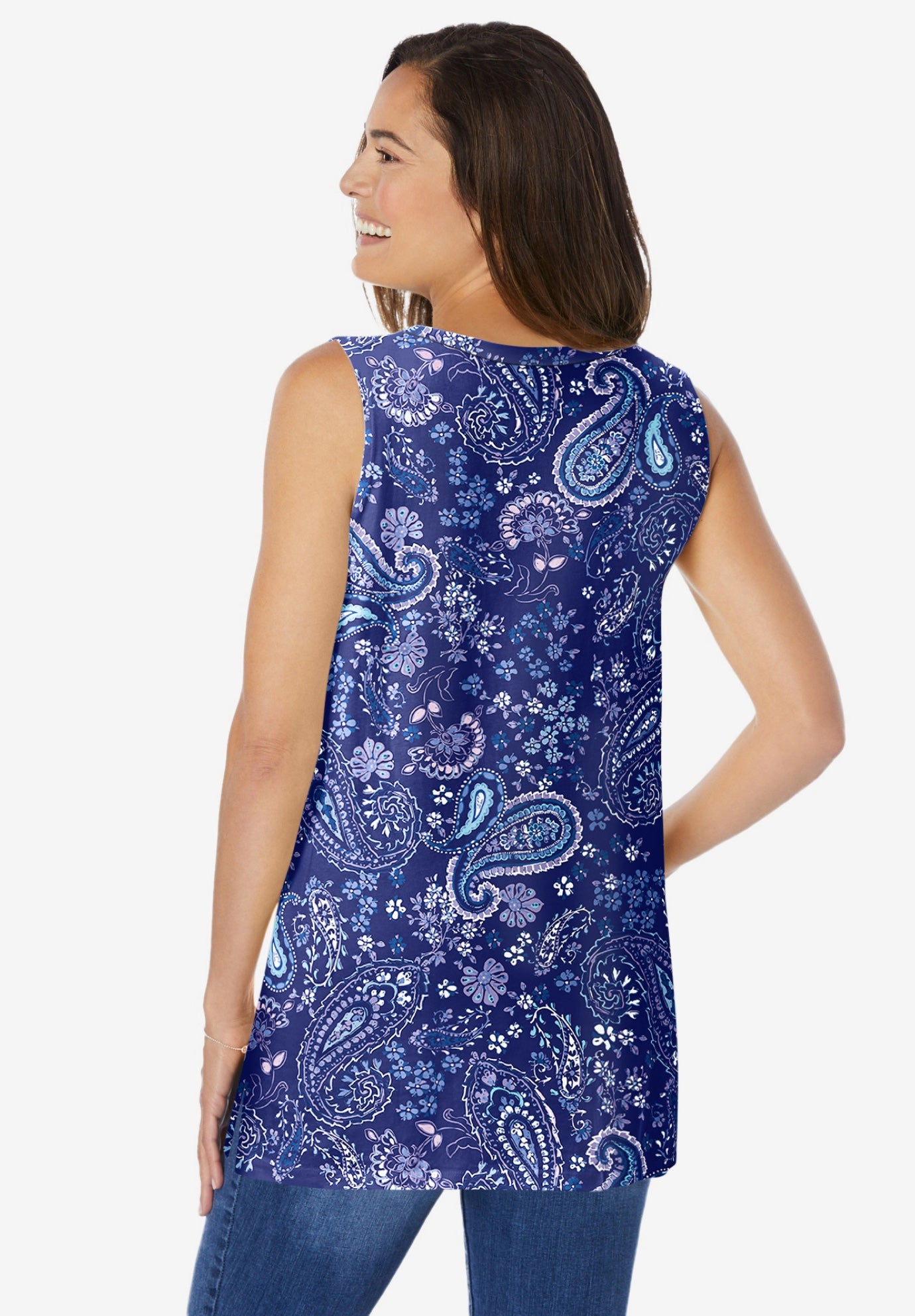 Sleeveless Shirred V-Neck Tunic - Perfect Print, Evening