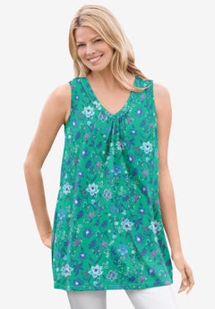 Perfect Printed Sleeveless Shirred V-Neck Tunic