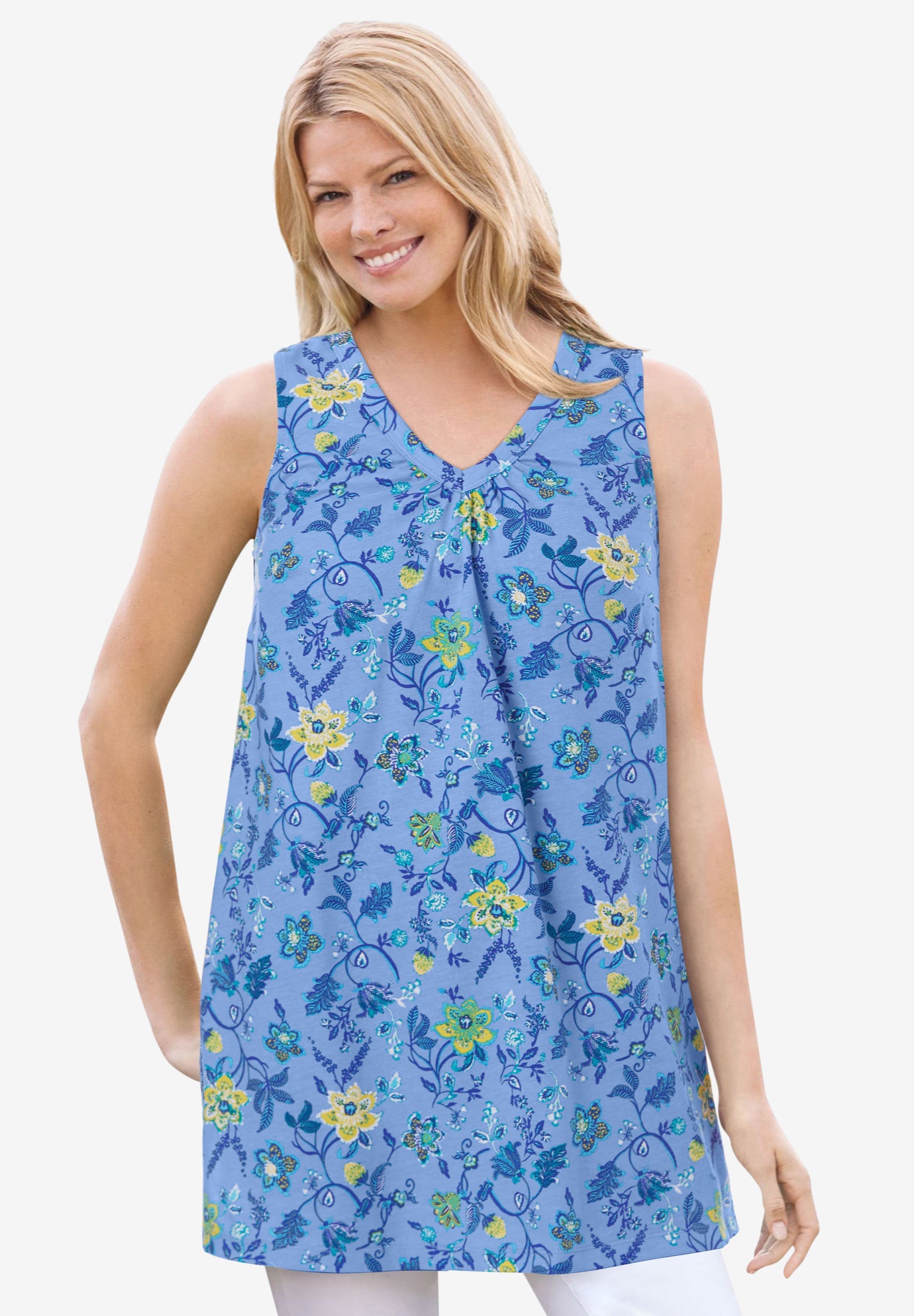 Perfect Printed Sleeveless Shirred V-Neck Tunic image number 0