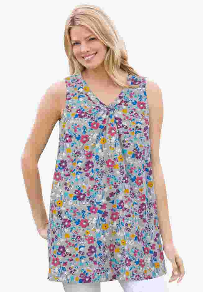 Perfect Printed Sleeveless Shirred V-Neck Tunic image number 0