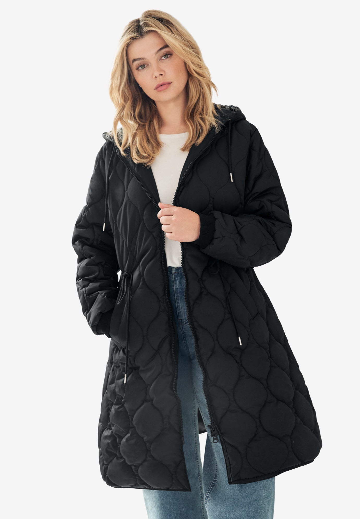 Long Quilted Jacket With Drawstring Waist image number 2