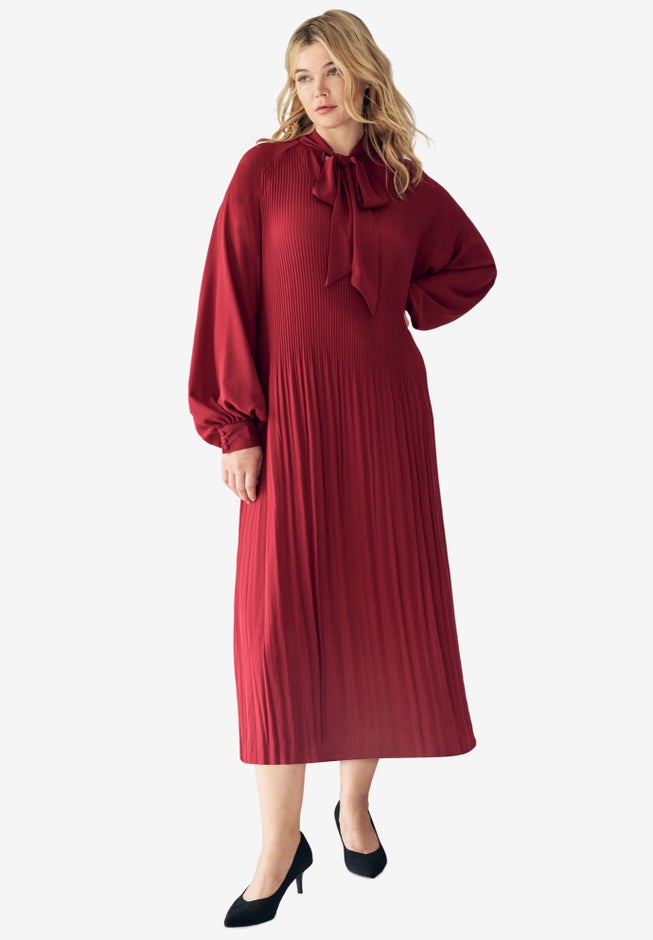 Pleated Midi Dress With Neck Tie image number null