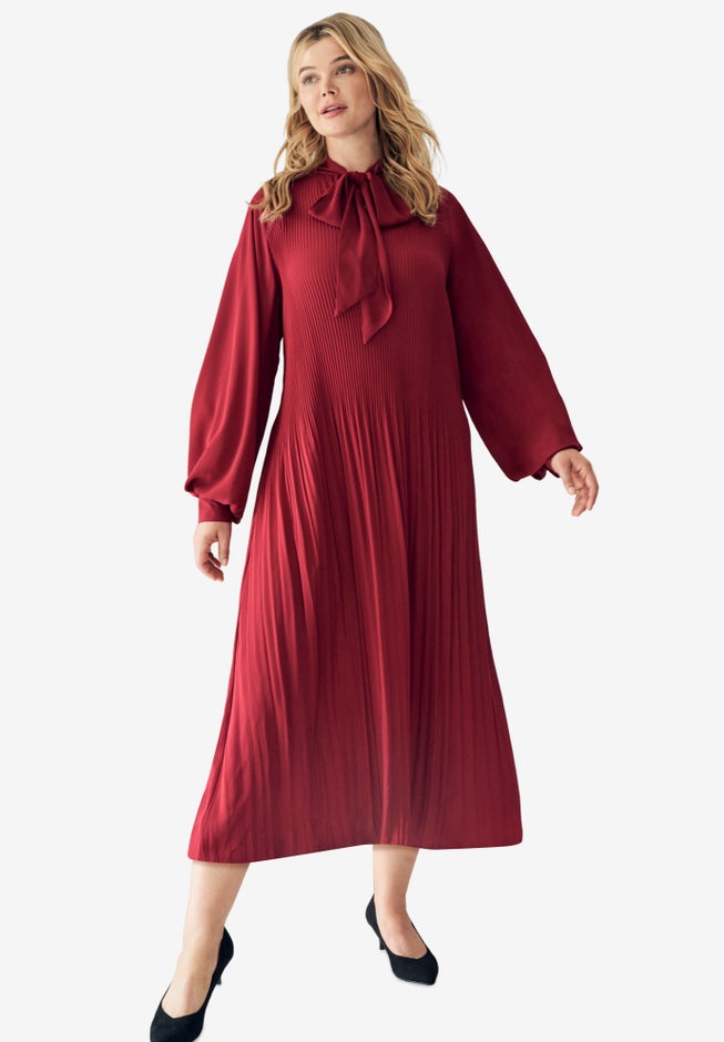 Pleated Midi Dress With Neck Tie image number null
