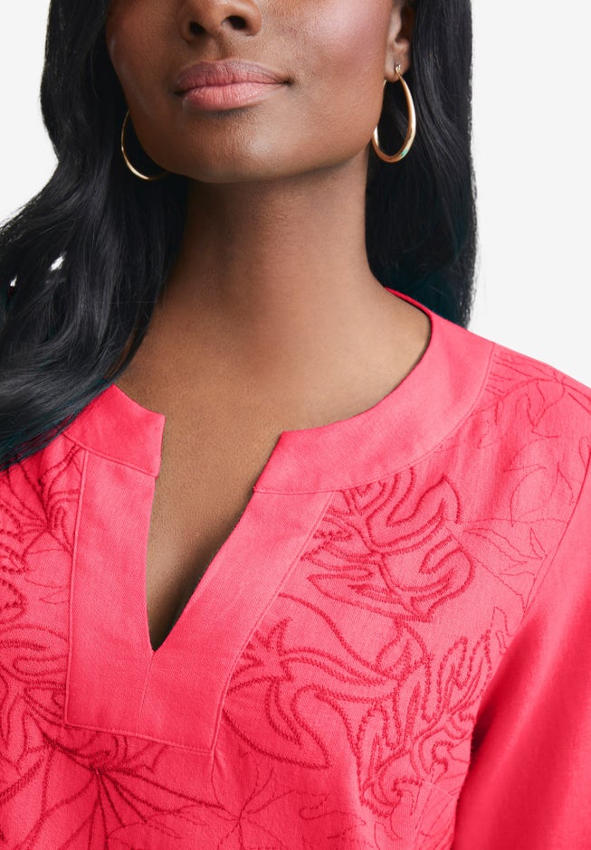 Linen V-Neck Embroidered Tunic image number 1