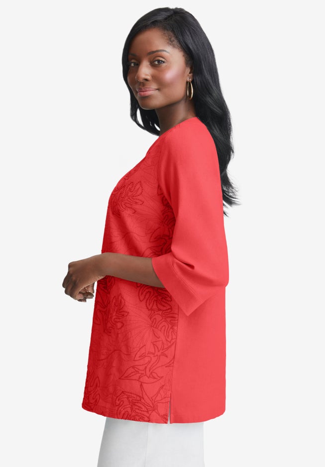Linen V-Neck Embroidered Tunic image number 2