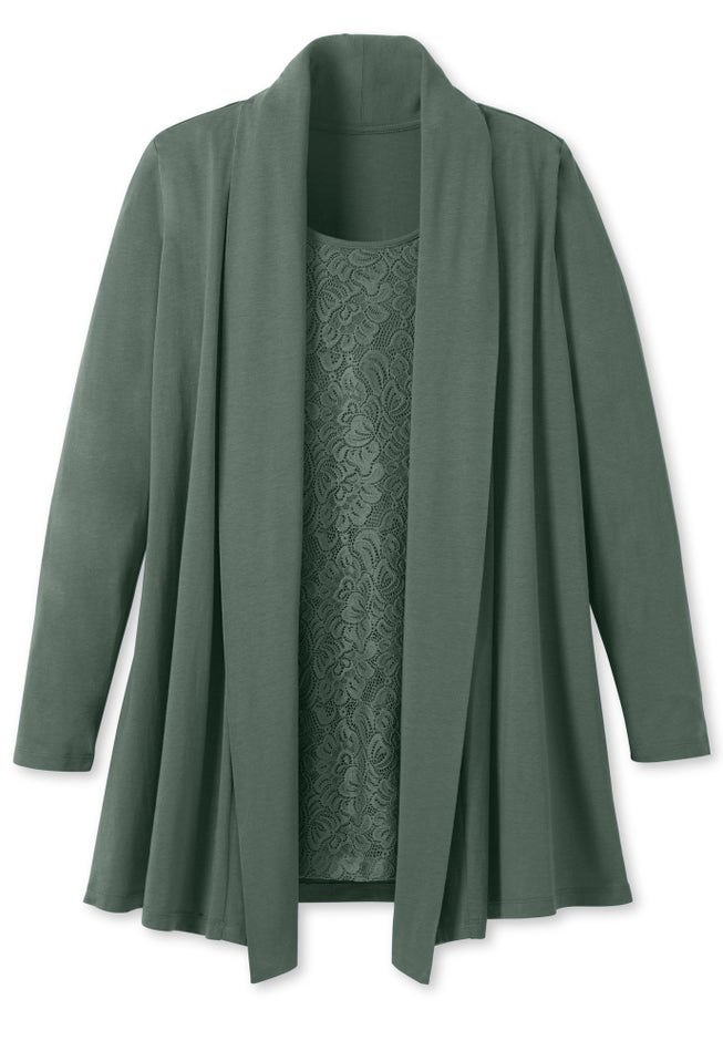 2-Fer Cardigan & Attached Lace Tunic image number 1