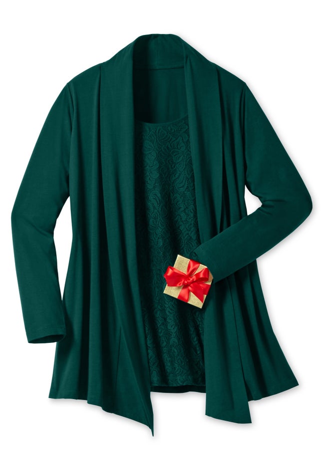 2-Fer Cardigan & Attached Lace Tunic image number 3