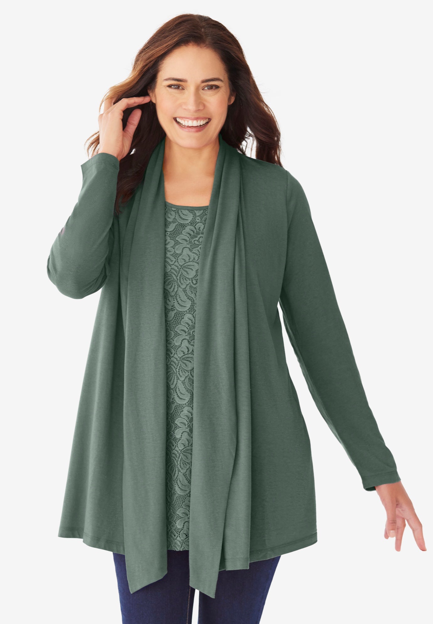 2-Fer Cardigan & Attached Lace Tunic image number 0
