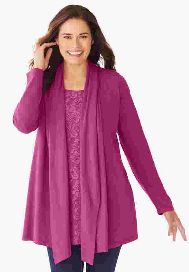 2-Fer Cardigan & Attached Lace Tunic image number 0