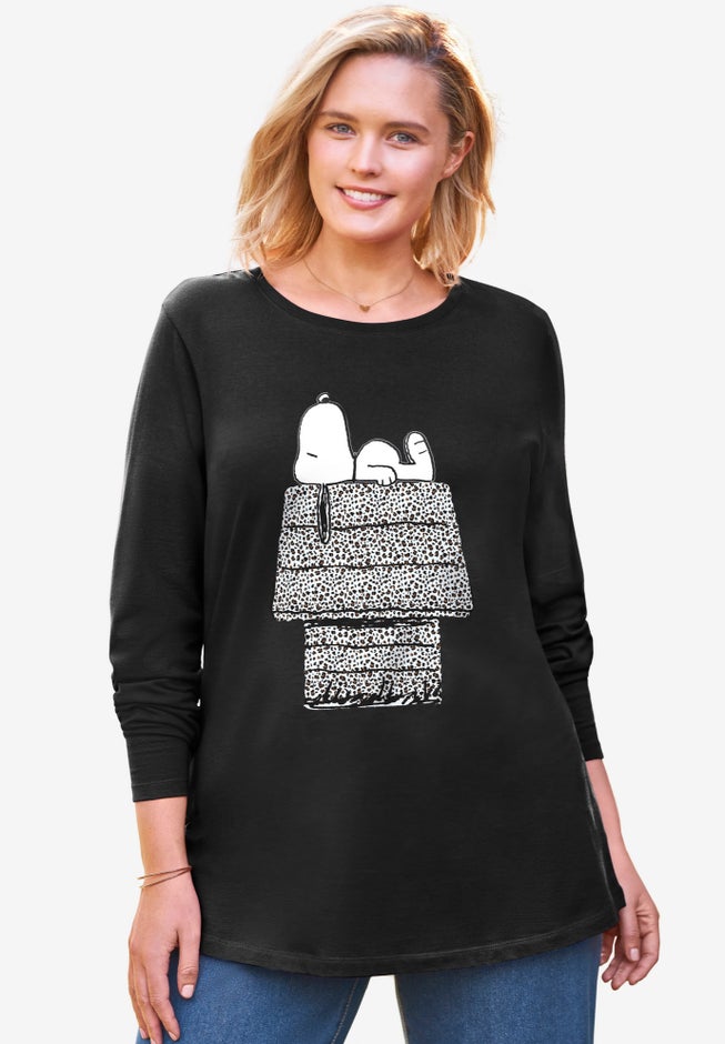 Peanuts Women's Long Sleeve Crew Tee Snoopy Leopard House image number null