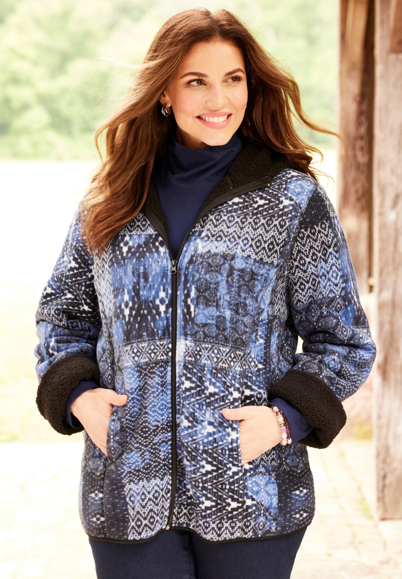 Printed Fleece Coat with Sherpa Lining image number 3