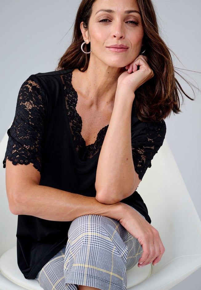 Lace Trim V-Neck Top image number 1