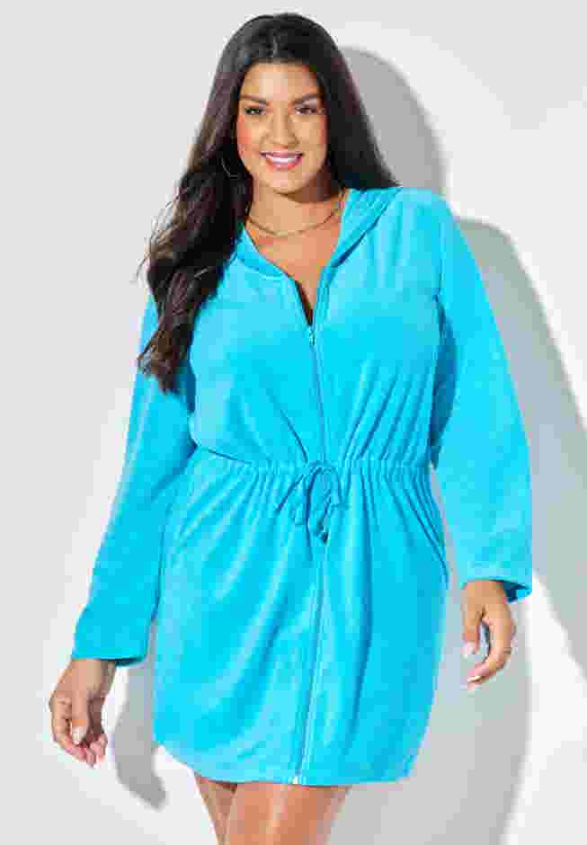 French Terry Tie Waist Hoodie Cover Up image number 3