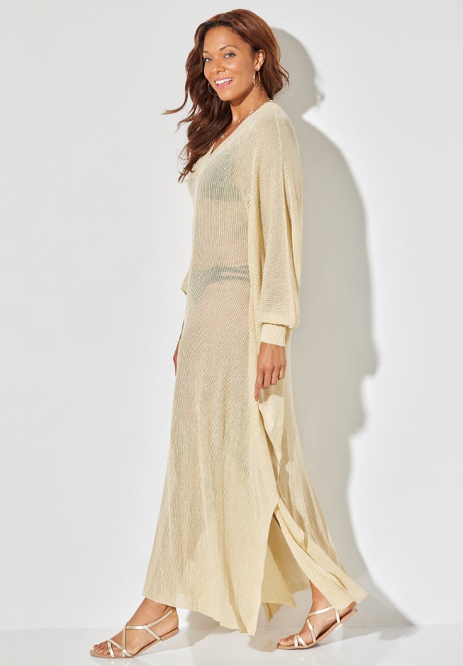 Long V-Neck Shimmer Caftan Tunic Cover Up image number 2
