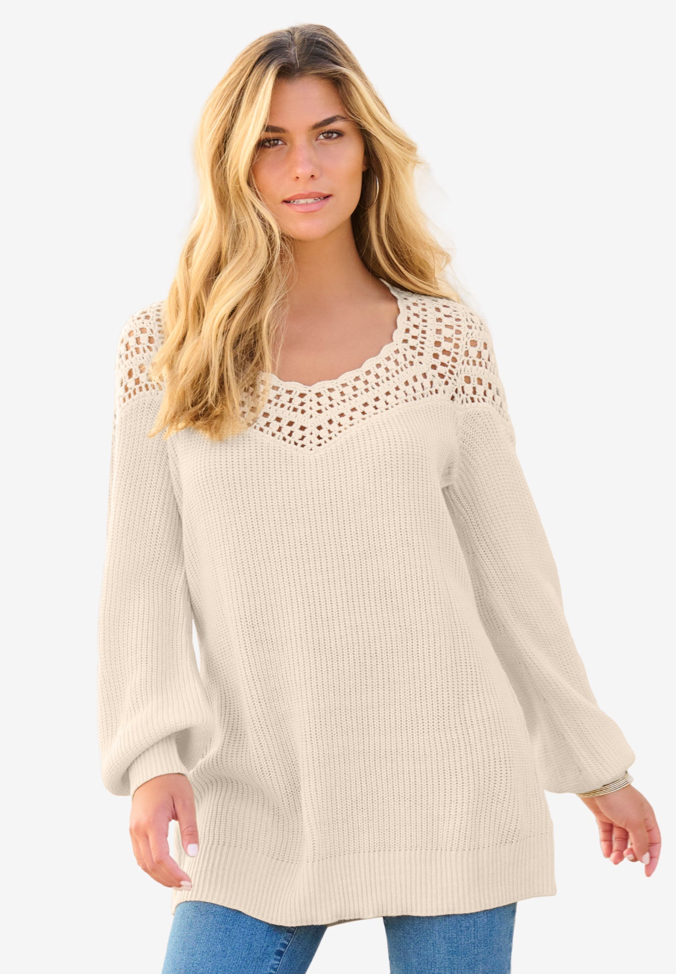 Plus Size Crochet Pullover Sweater with Sweetheart Neckline image number 0