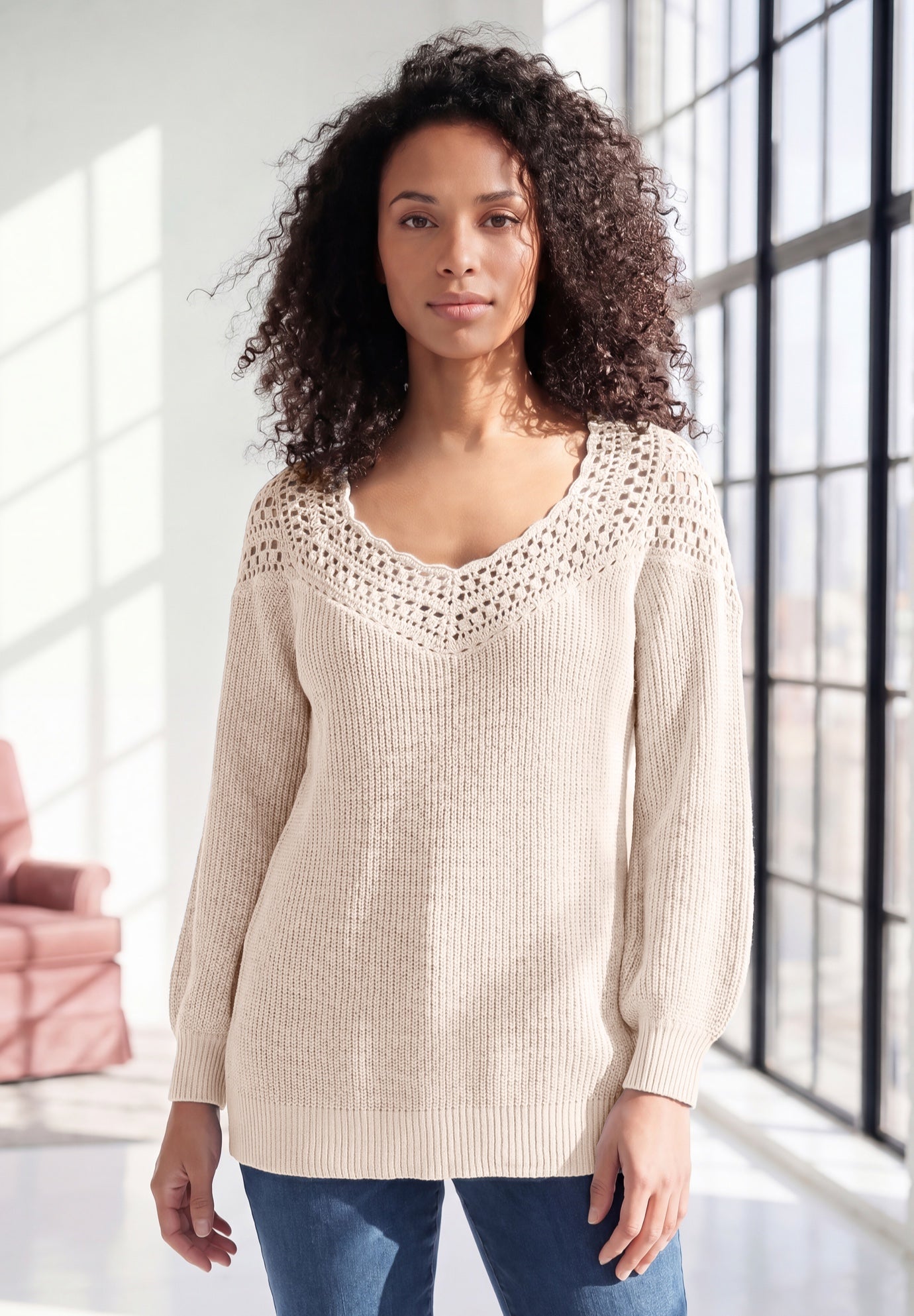 Plus Size Crochet Pullover Sweater with Sweetheart Neckline image number 0