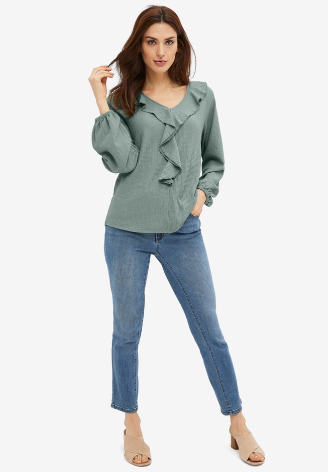 Knit Top With Ruffled V-Neck image number 0