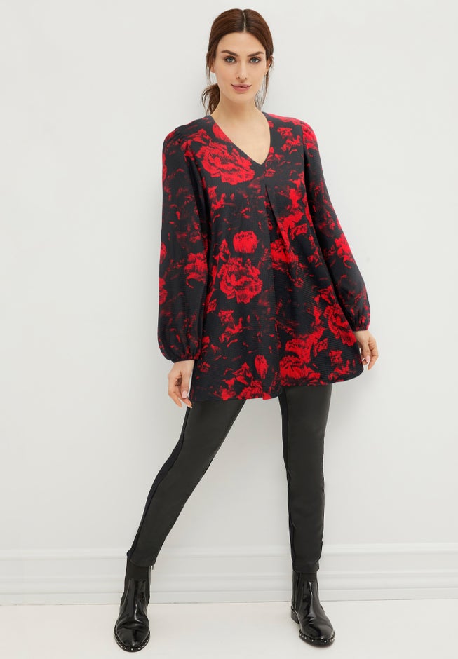 Inverted Pleat Textured Knit Tunic With Blouson Sleeves image number 0