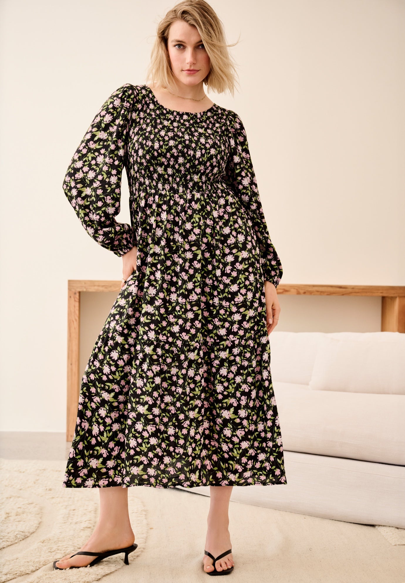 Smocked Bodice Tiered Midi Dress image number 0