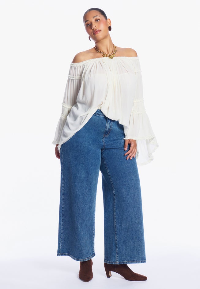 Sheer Crinkle Chiffon Off-The-Shoulder Top image number 1